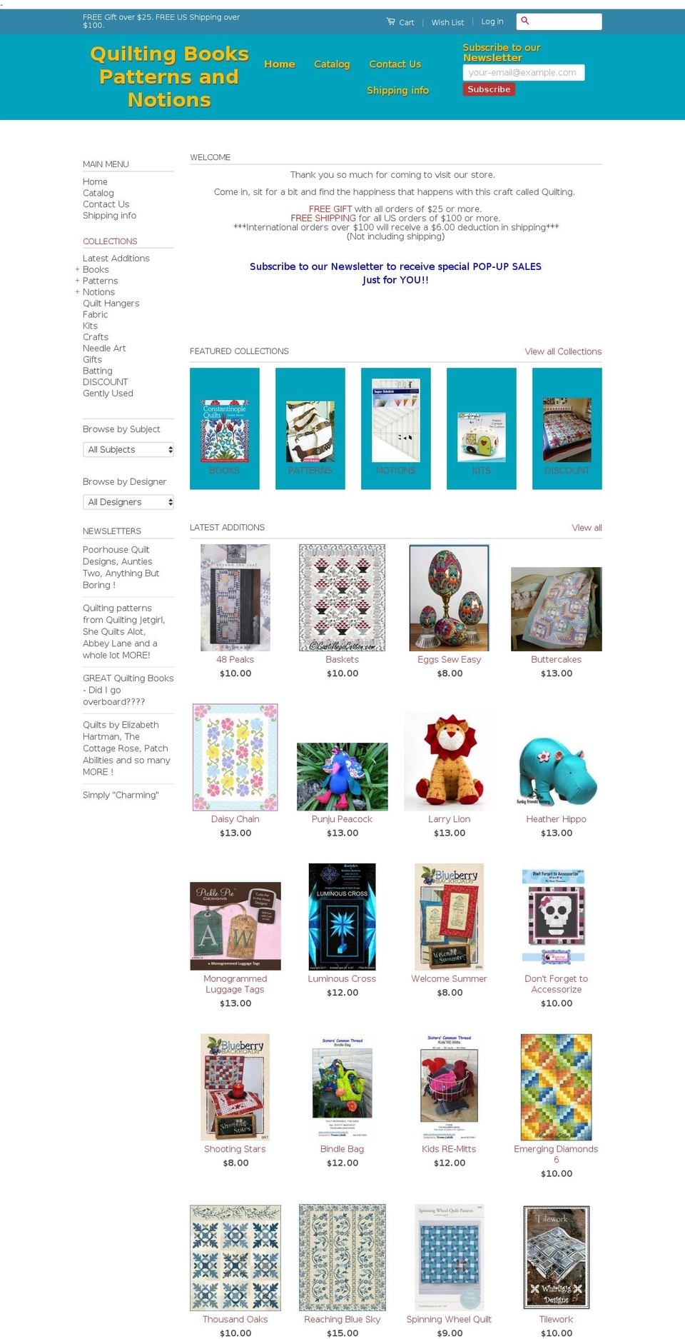 quiltingbookspatternsandnotions.net shopify website screenshot