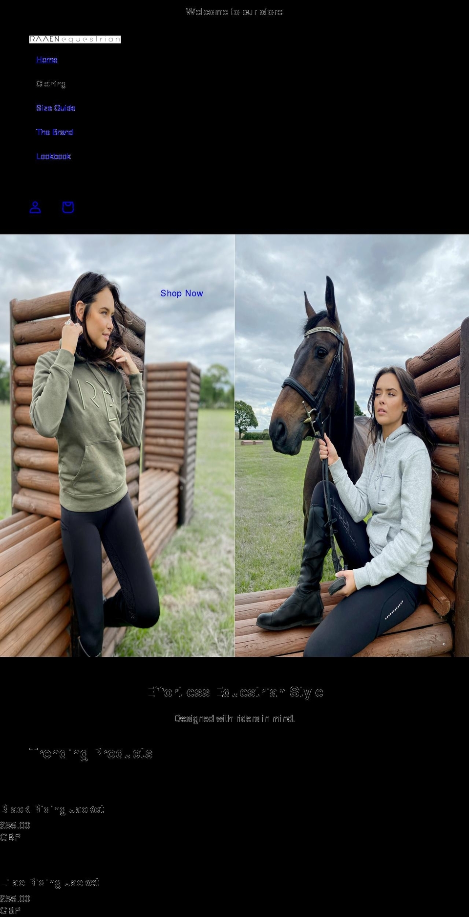 raaenequestrian.com shopify website screenshot