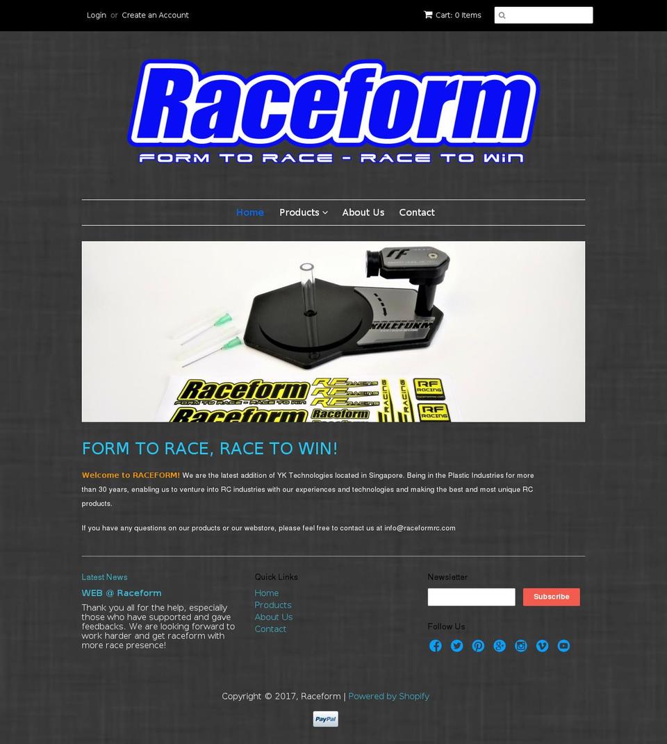 raceformrc.com shopify website screenshot