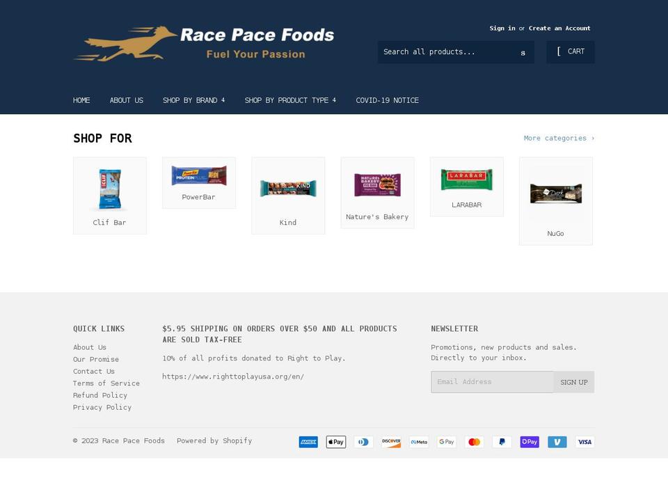 racepacefoods.com shopify website screenshot