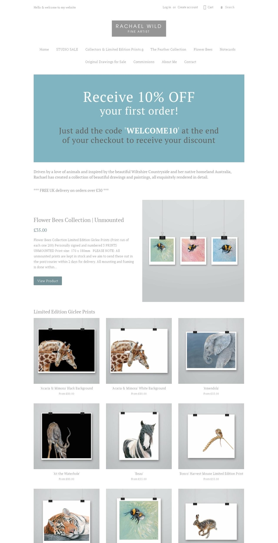 rachaelwildartist.co.uk shopify website screenshot