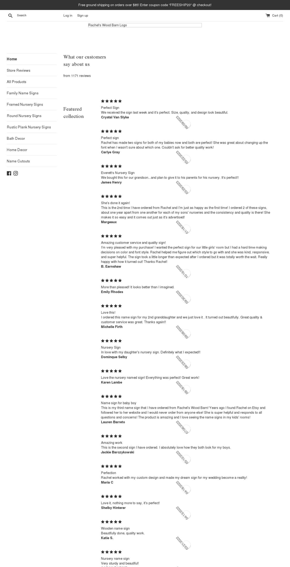 rachelswoodbarn.com shopify website screenshot