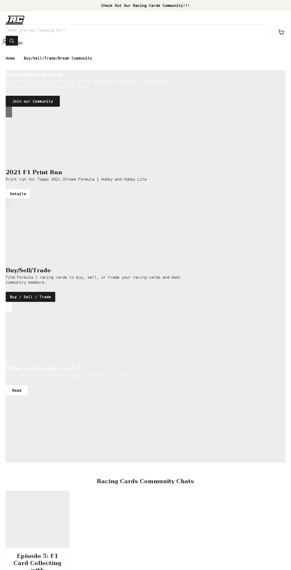 racingcards.com shopify website screenshot