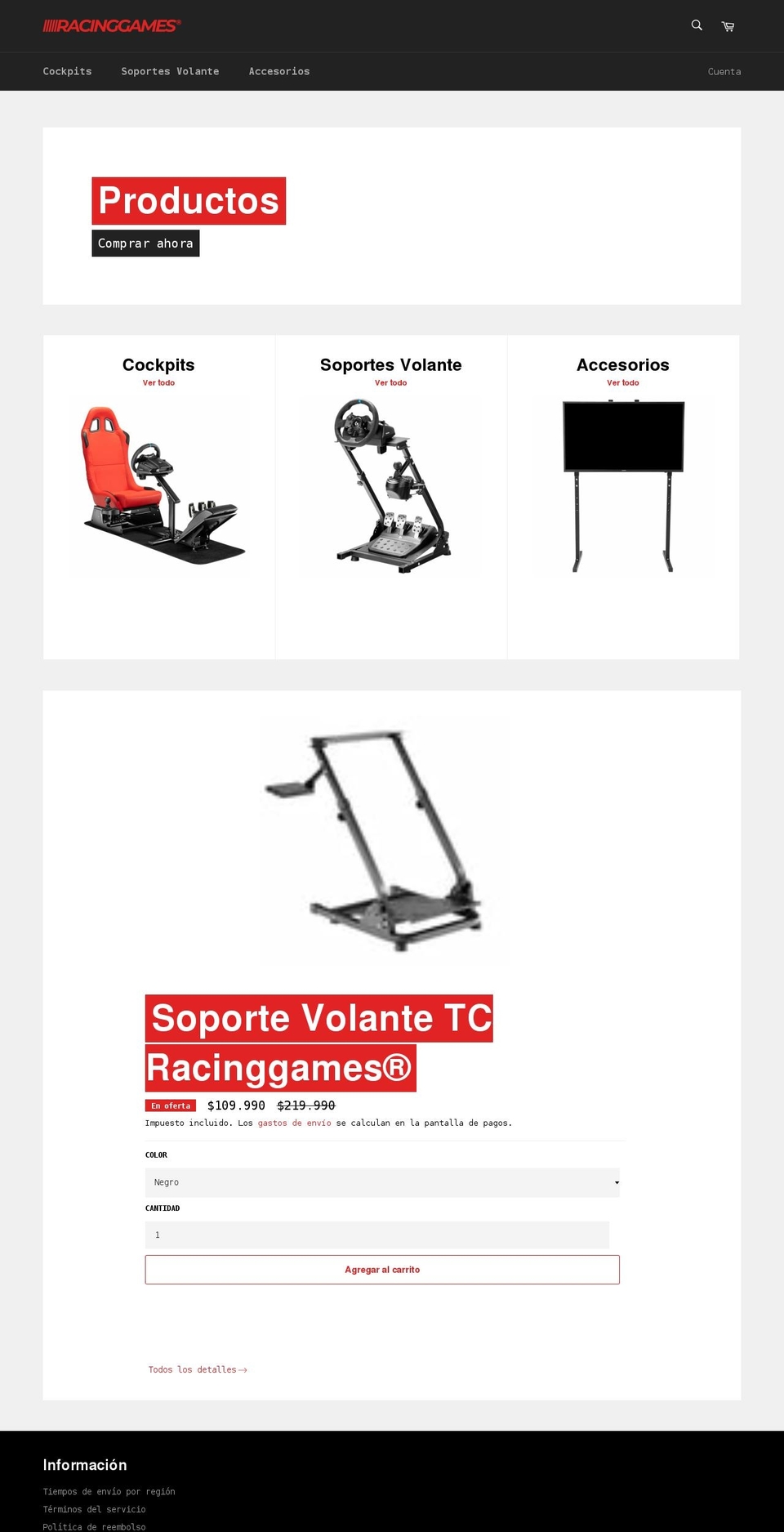 racinggames.cl shopify website screenshot