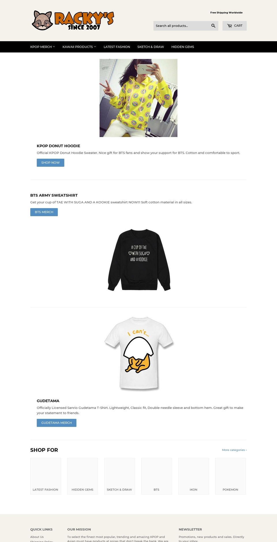 rackys.com — Shopify storefront screenshot