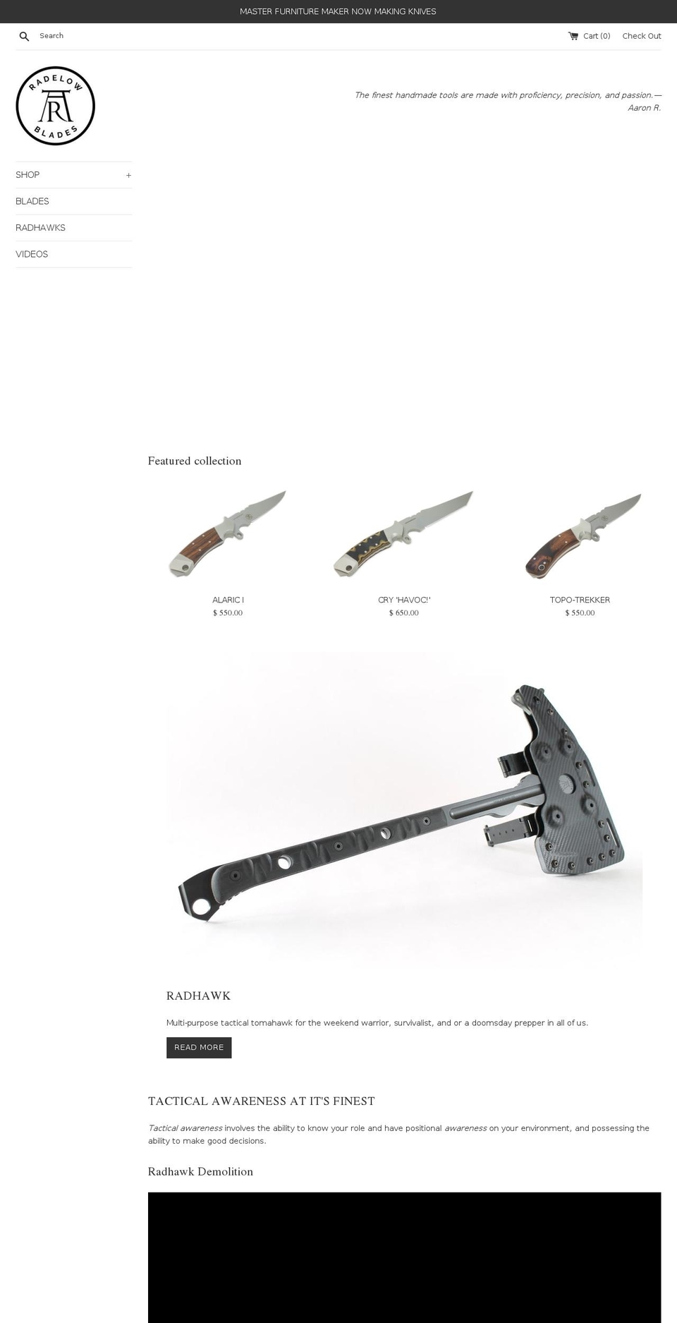 radelowblades.com shopify website screenshot