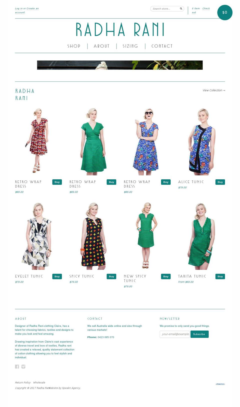 radharani.com.au shopify website screenshot