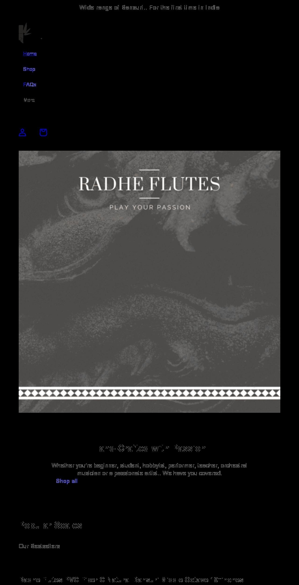 radheflutes.com shopify website screenshot