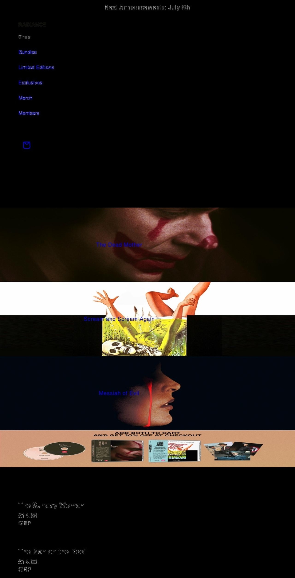 radiancefilms.co.uk shopify website screenshot