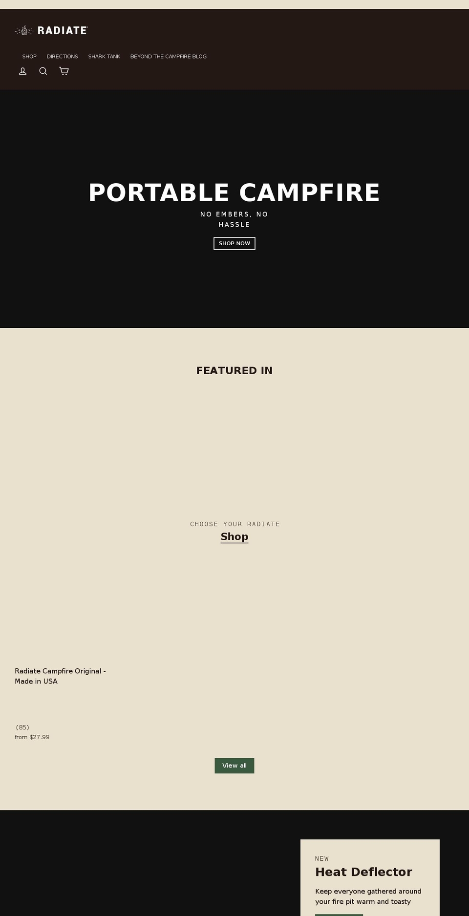 radiateportablecampfire.com shopify website screenshot