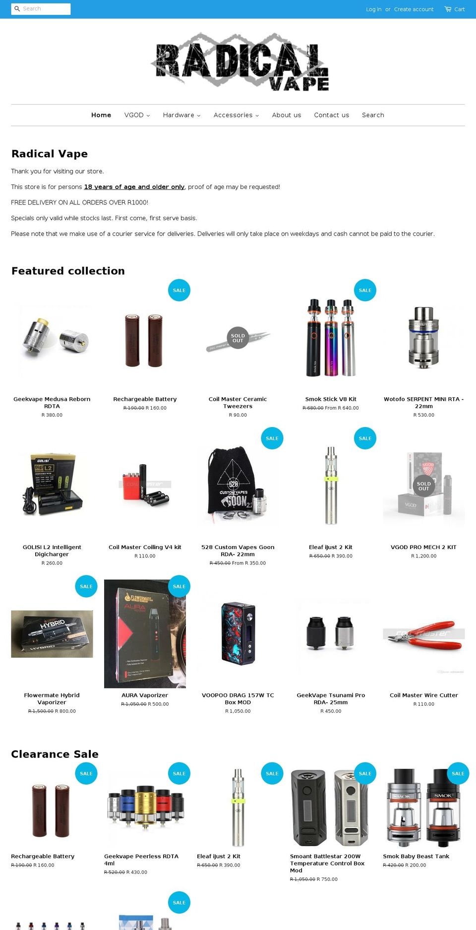 radicalvape.co.za shopify website screenshot