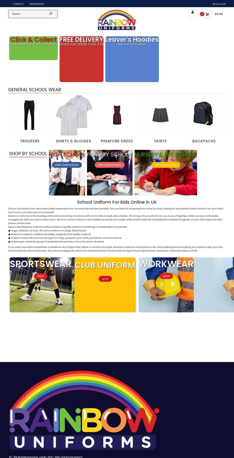 rainbowuniforms.co.uk shopify website screenshot