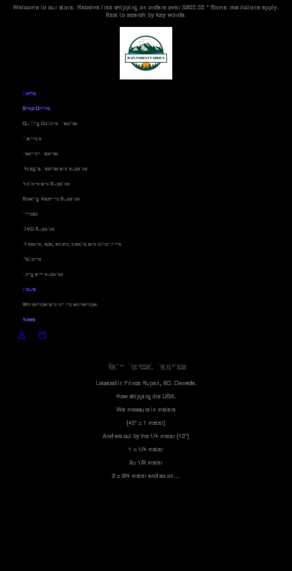 rainforestfabrics.com shopify website screenshot