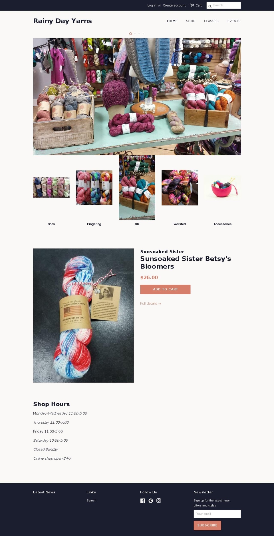 rainydayyarns.com shopify website screenshot