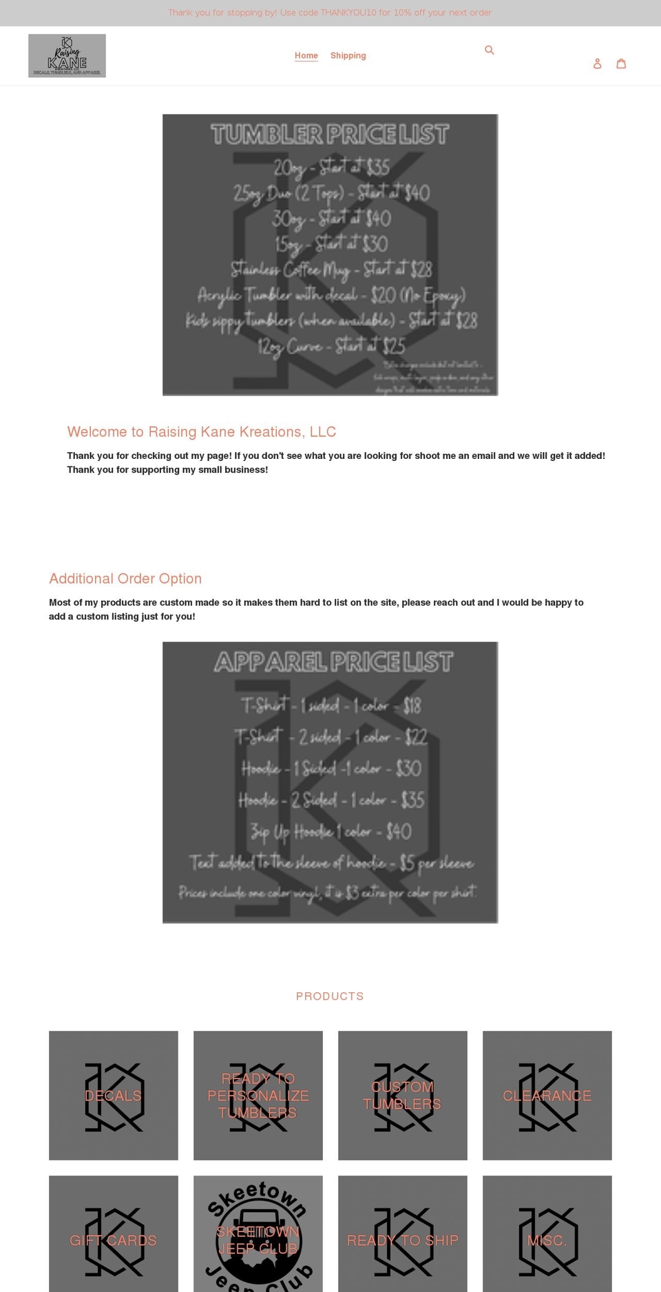 raisingkanekreations.com shopify website screenshot