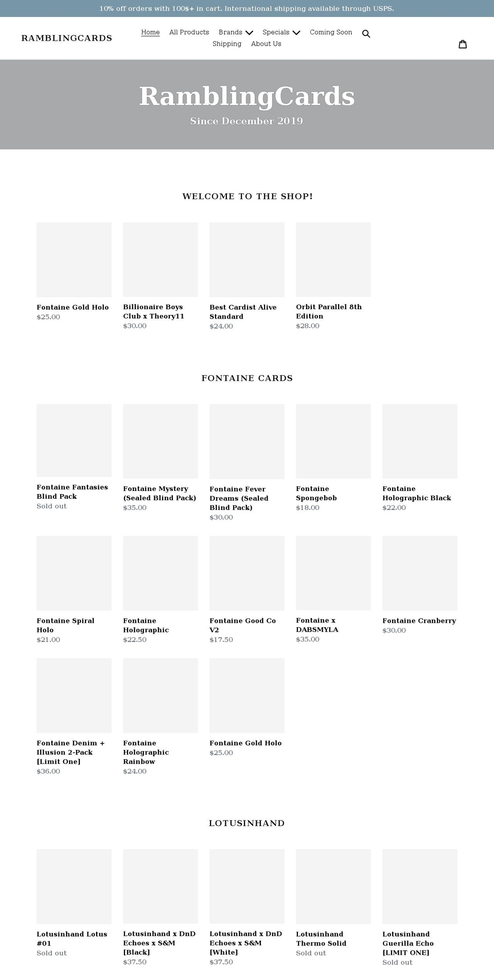 ramblingcards.com shopify website screenshot
