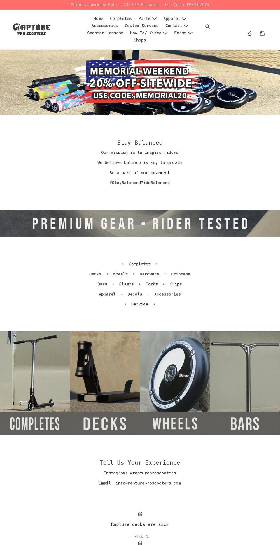 raptureproscooters.com shopify website screenshot