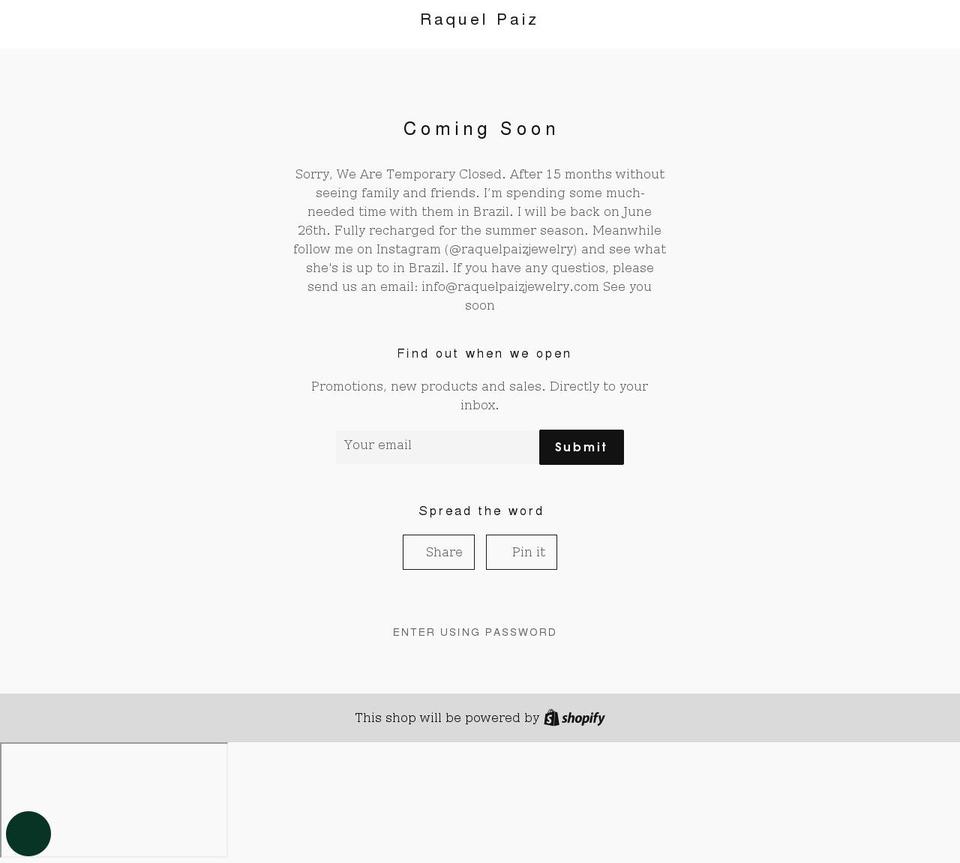 raquelpaizjewelry.com shopify website screenshot