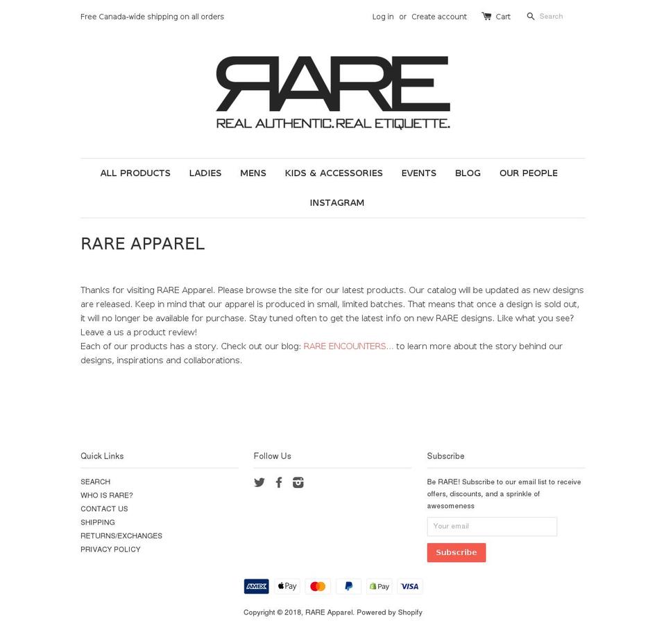 rareapparel.ca shopify website screenshot