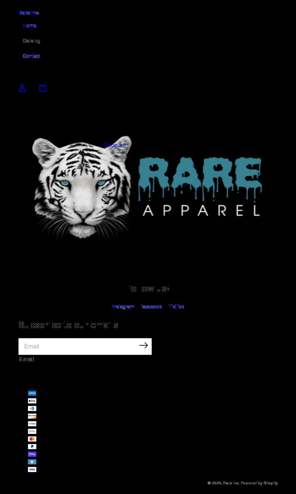 rareapparel.net shopify website screenshot