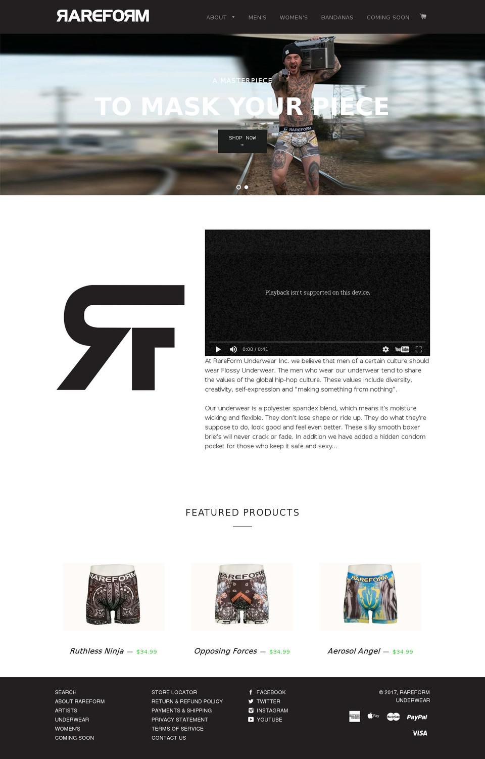 rareformunderwear.com shopify website screenshot