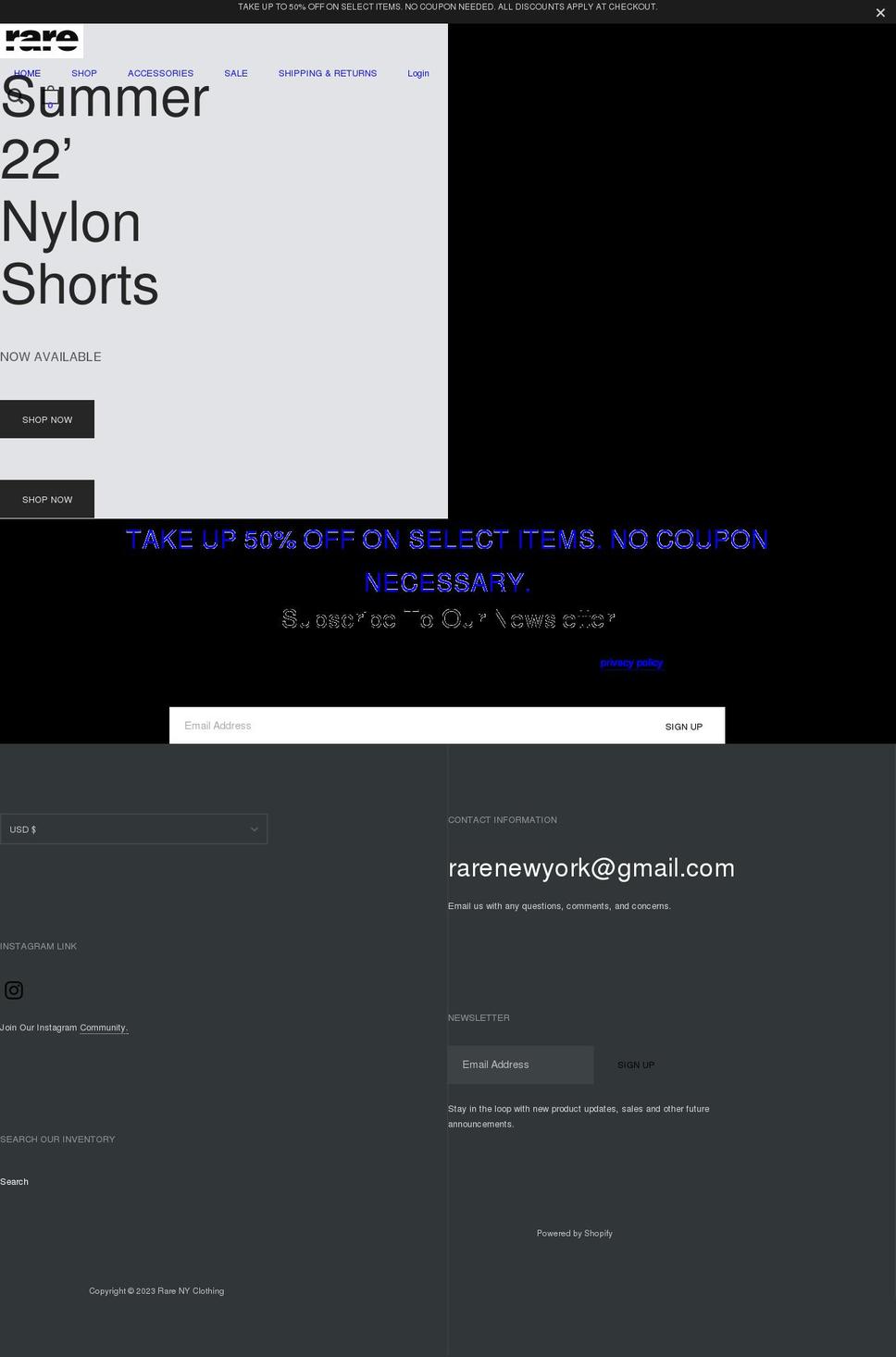 rarenyclothing.com shopify website screenshot