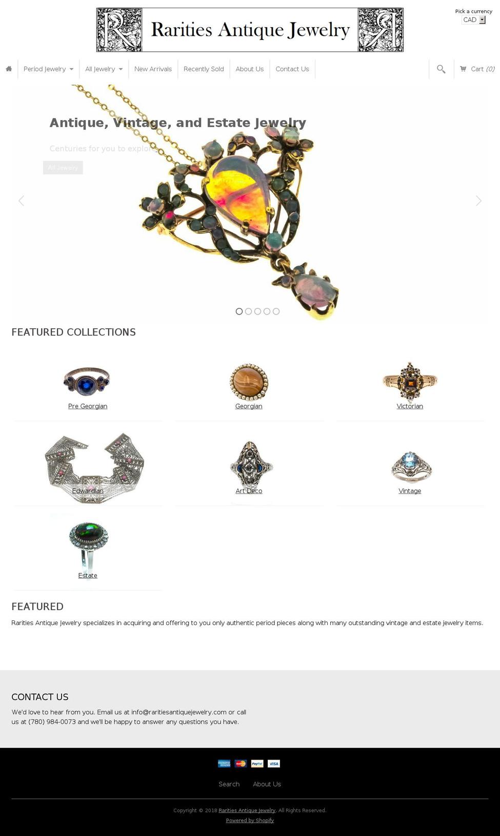 raritiesantiquejewelry.com shopify website screenshot