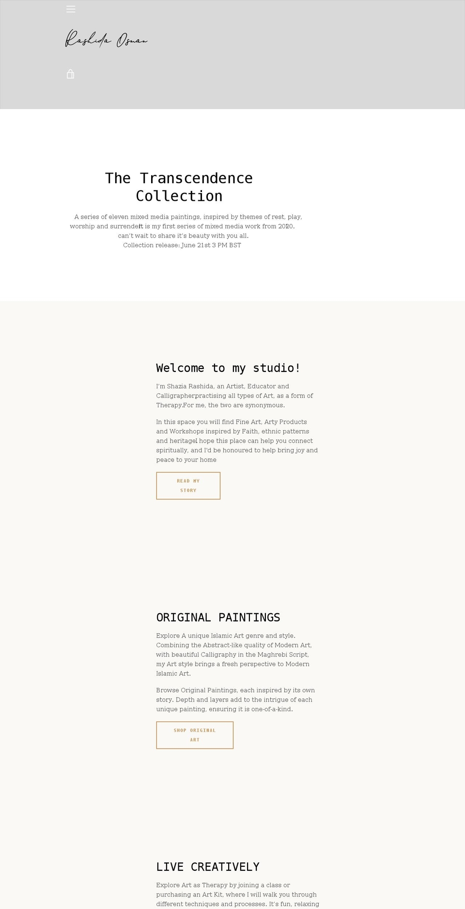 rashidaart.com shopify website screenshot