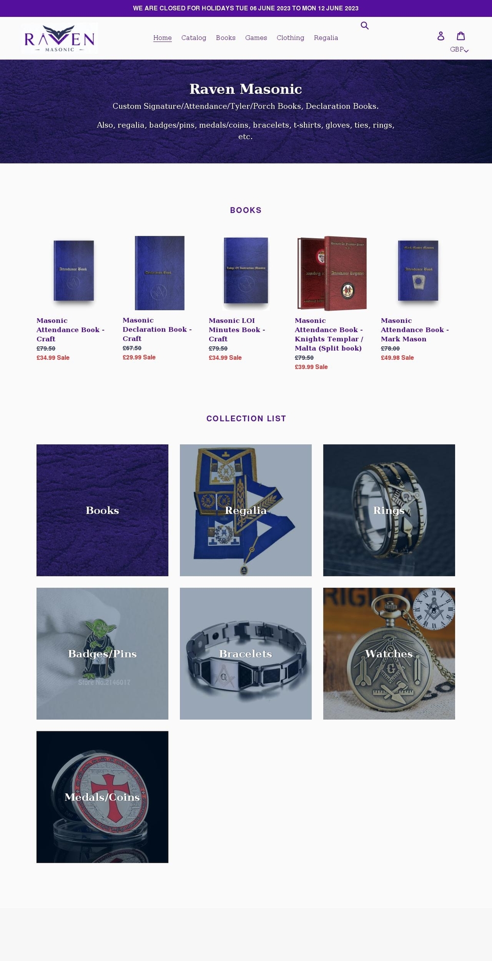 ravenmasonicbooks.co.uk shopify website screenshot
