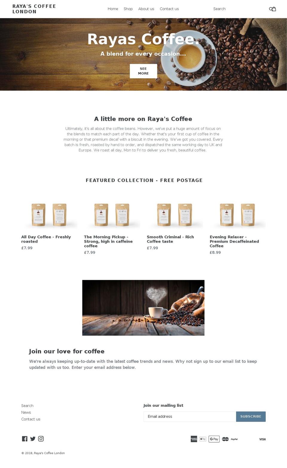 rayascoffee.com — Shopify storefront screenshot