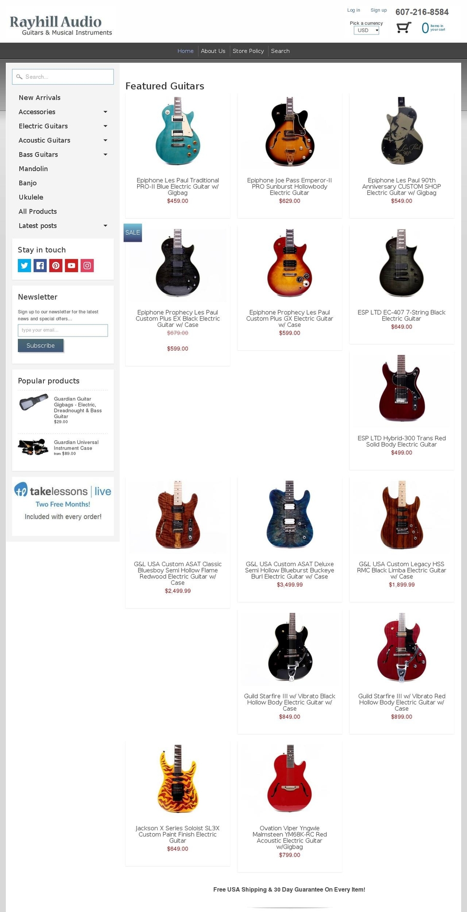 rayhillguitars.com — Shopify storefront screenshot