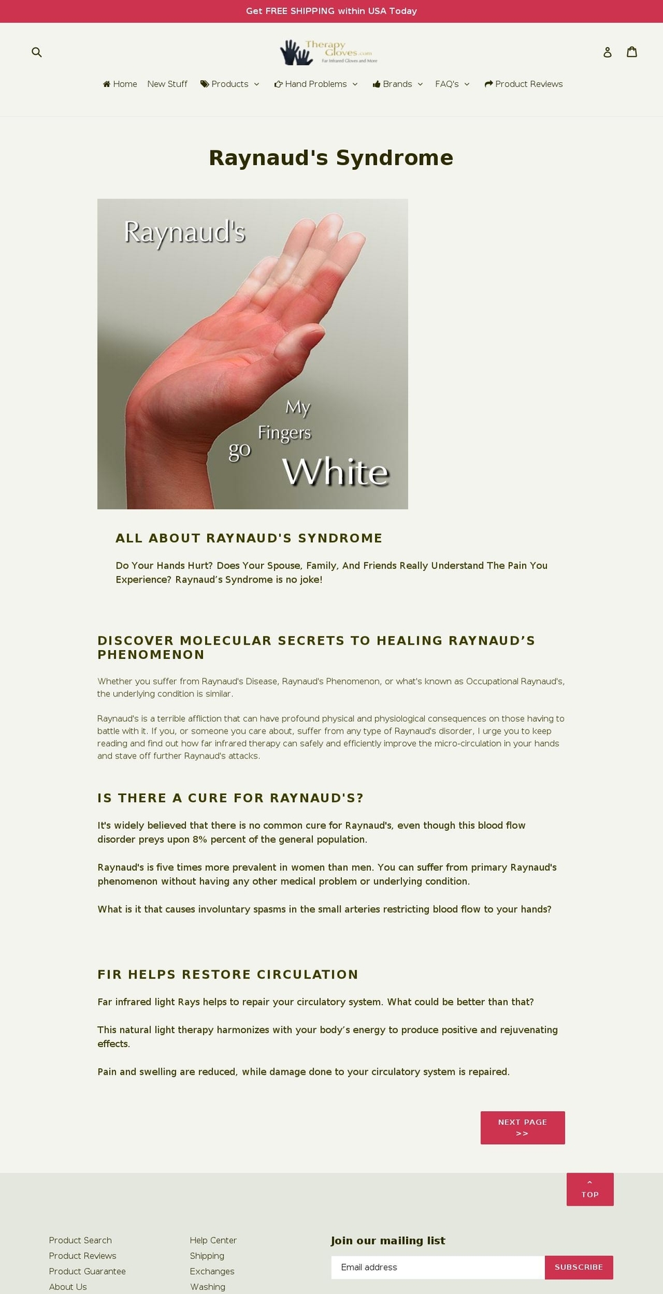 raynaudssyndrome.net shopify website screenshot