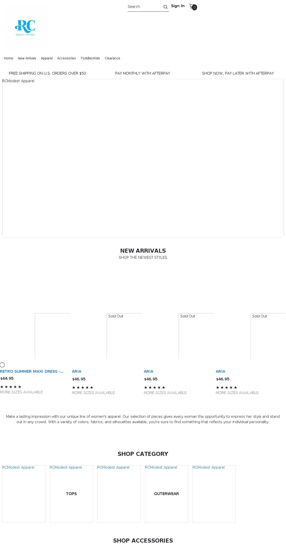 rcmodestapparel.com shopify website screenshot