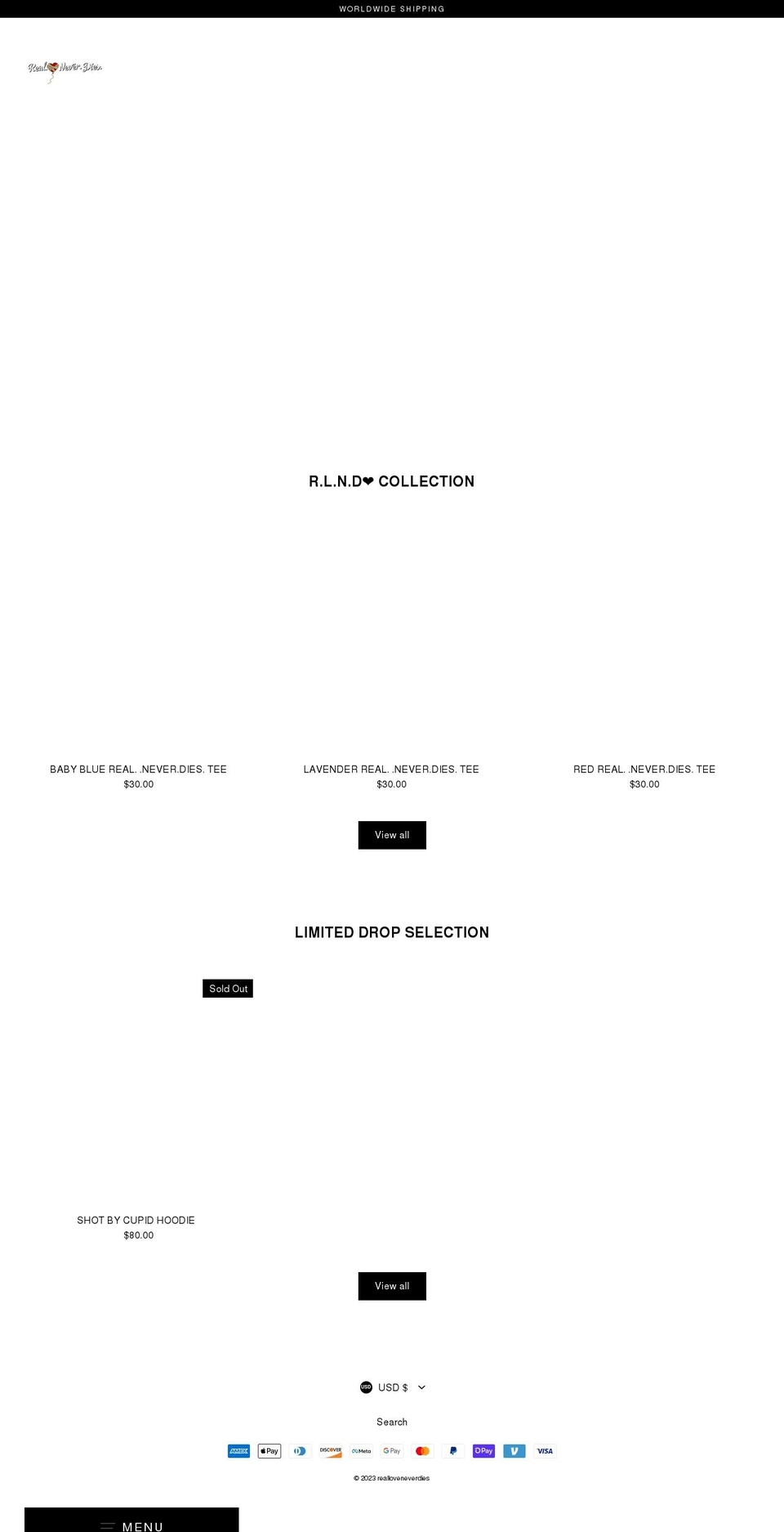 realloveneverdiesclothing.com shopify website screenshot