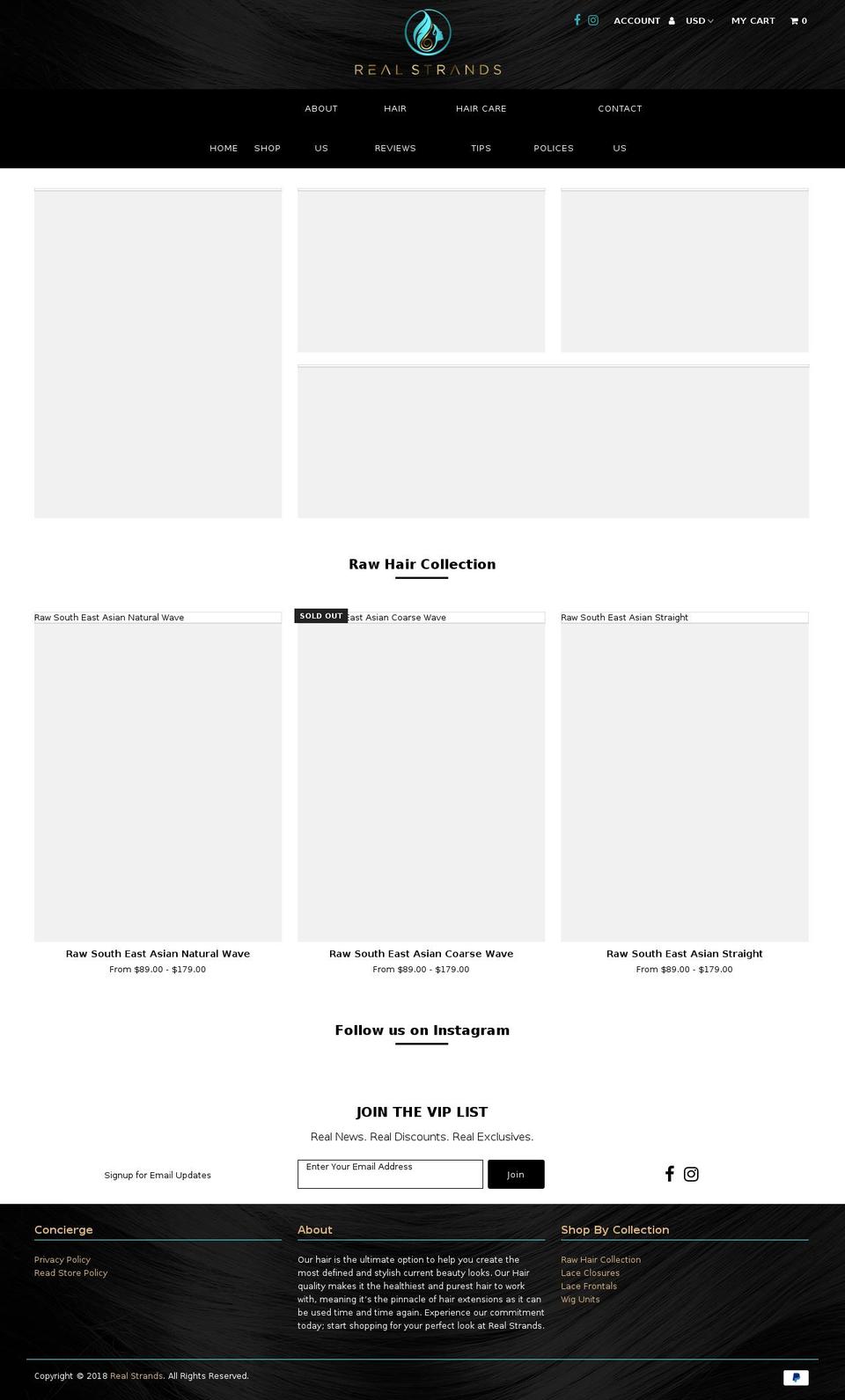 realstrands.com shopify website screenshot