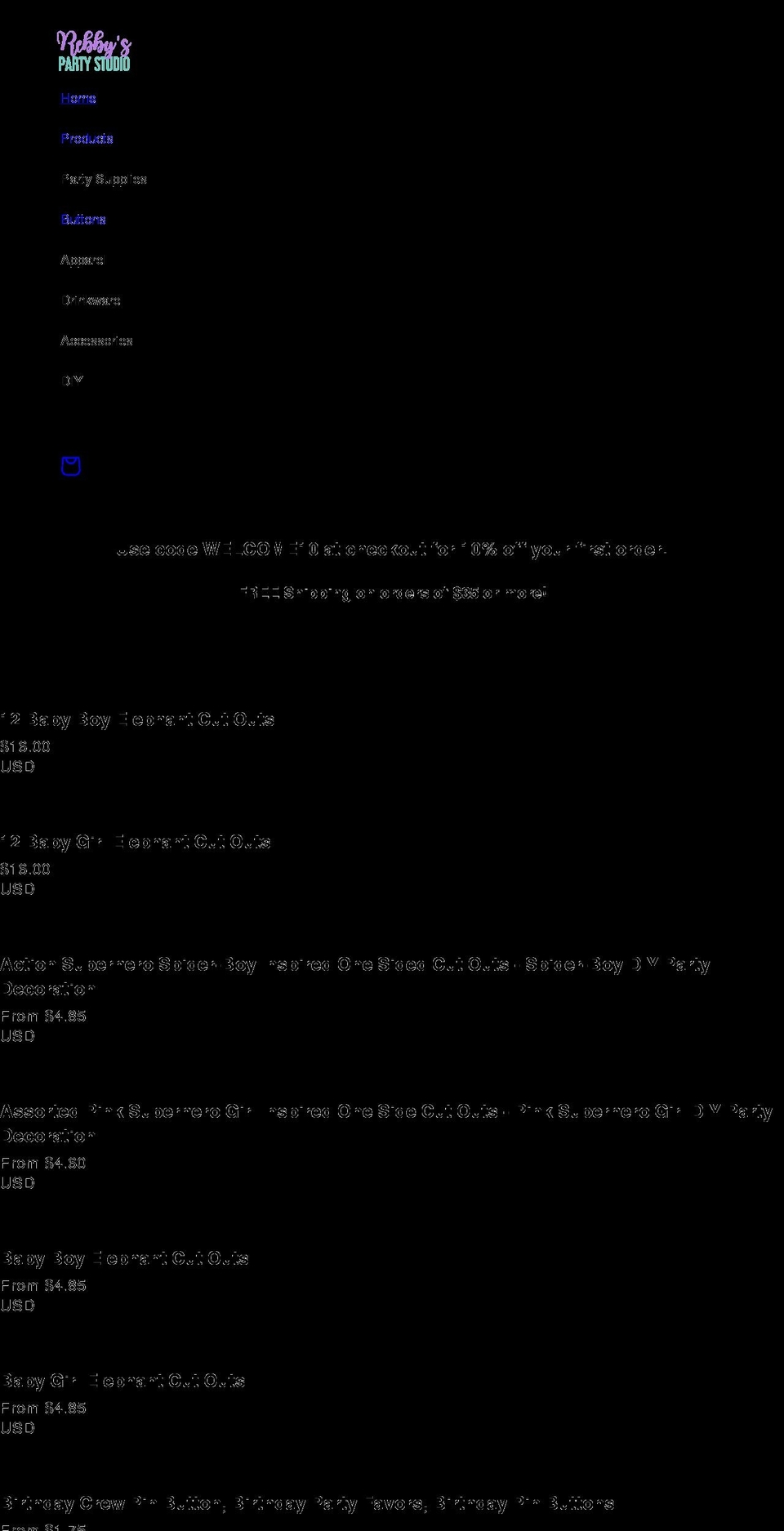 rebbyspartystudio.com shopify website screenshot