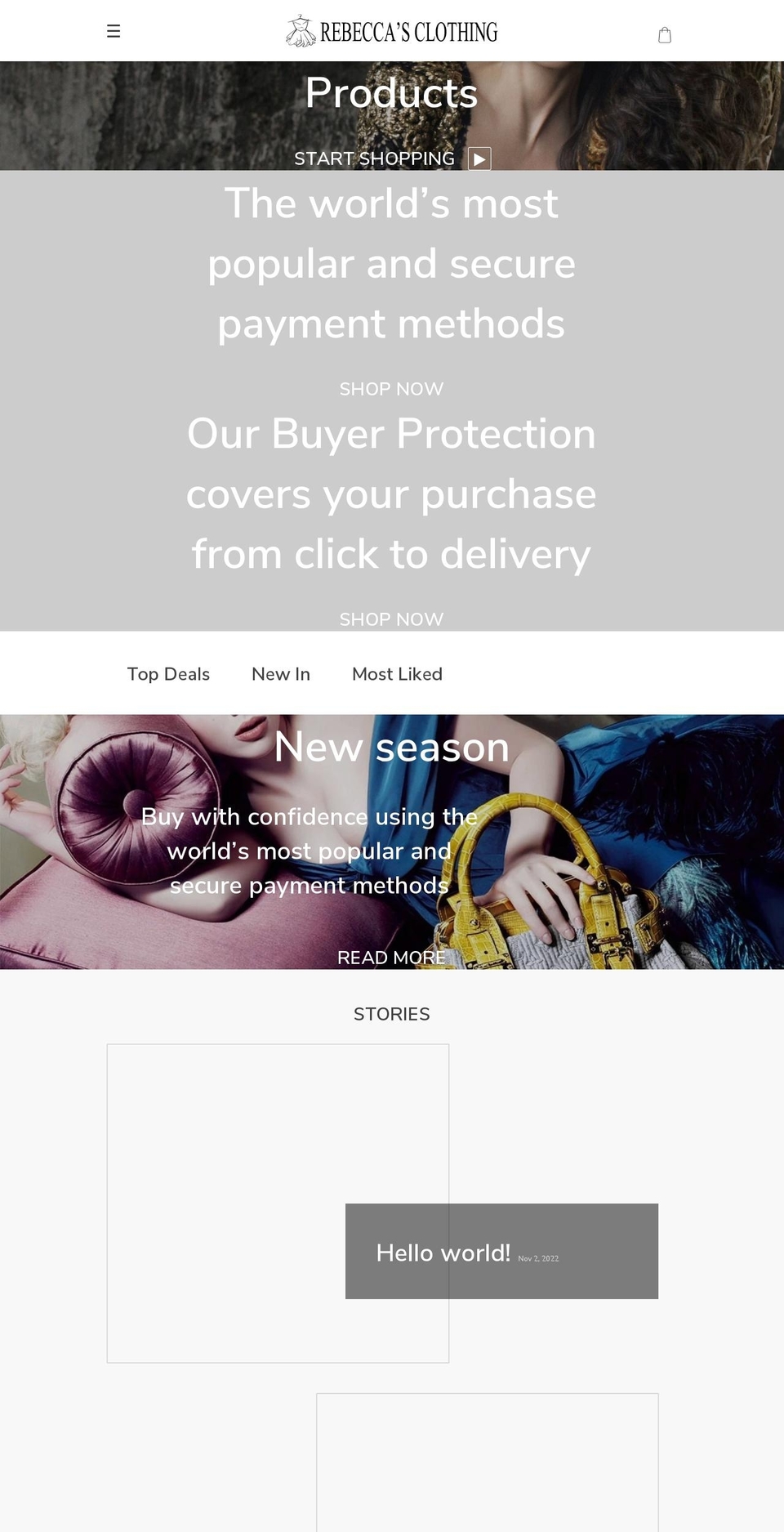 rebeccaclothing.com — Shopify storefront screenshot