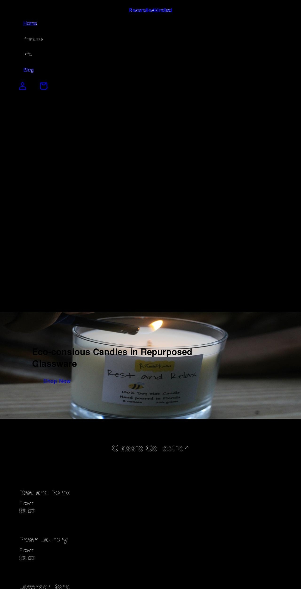 recandledkindled.com shopify website screenshot