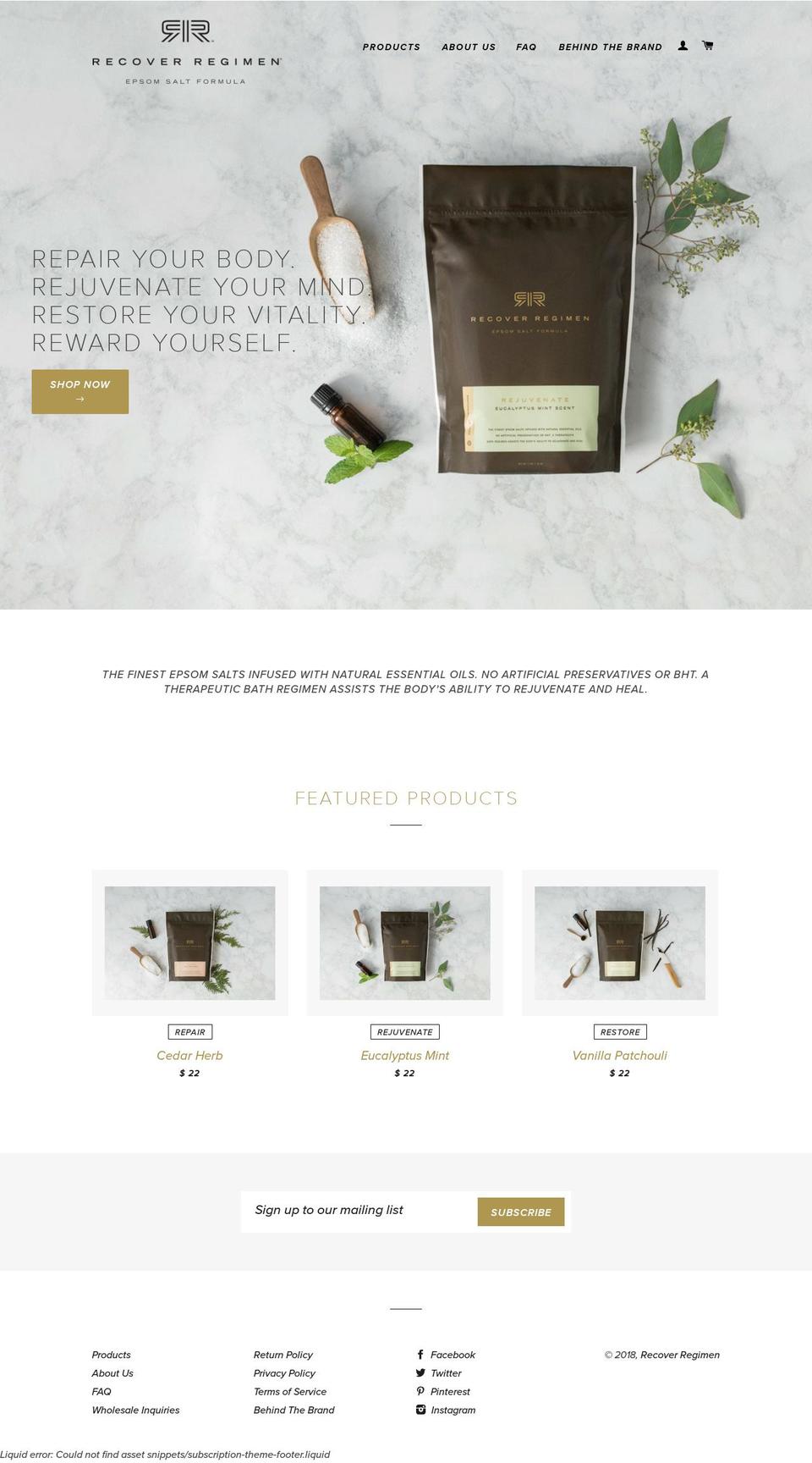 recoverregimen.net shopify website screenshot