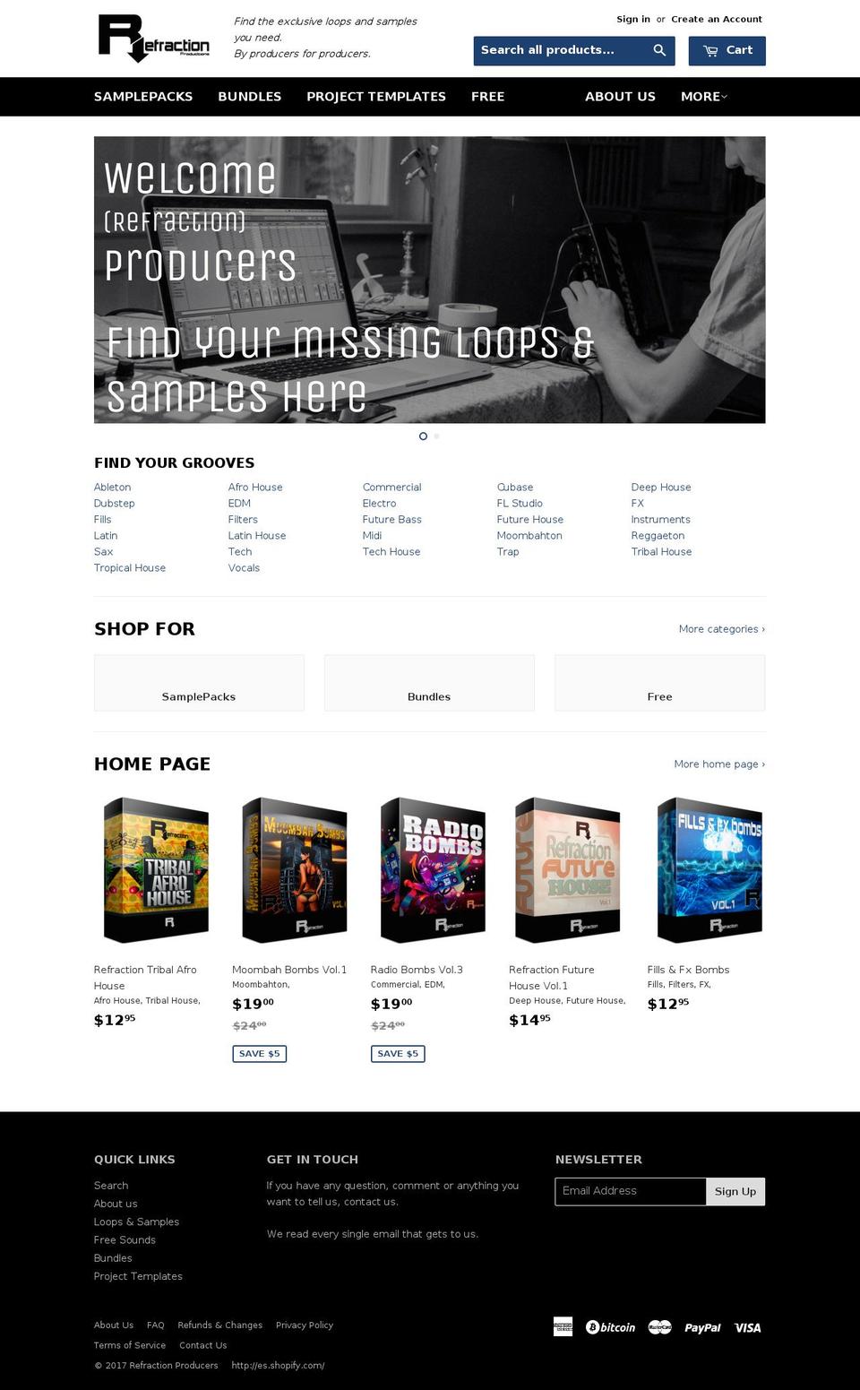 refractionproducers.com shopify website screenshot