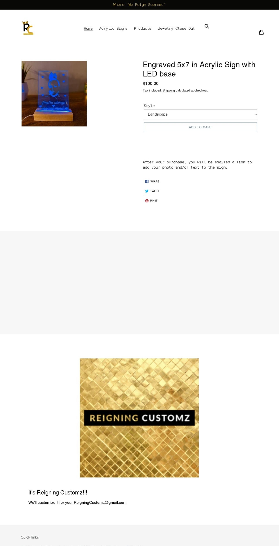reigningcustomz.com shopify website screenshot