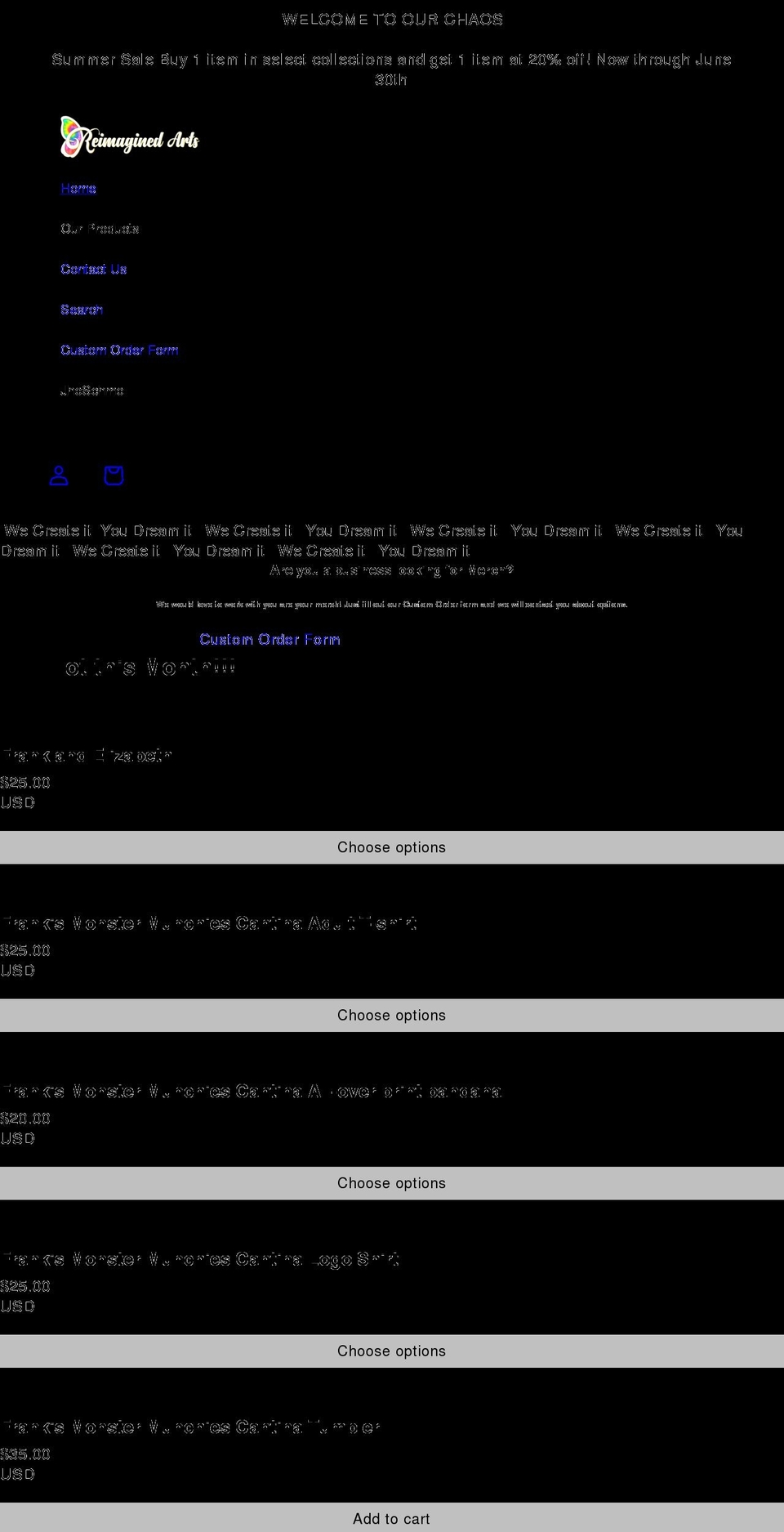 reimaginedarts.com — Shopify storefront screenshot
