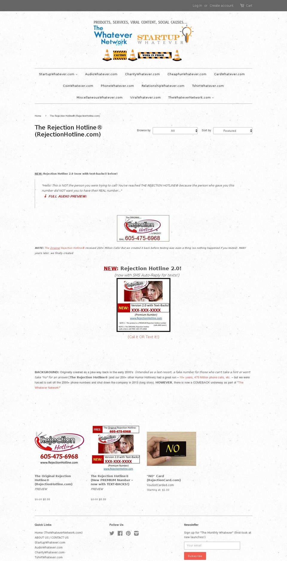 rejectionhotline.com shopify website screenshot