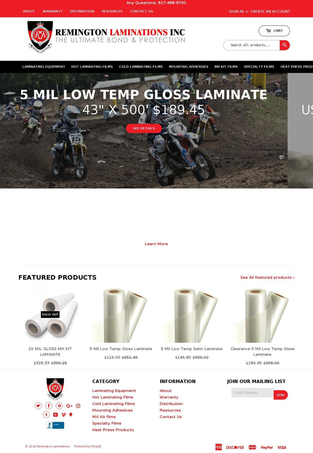 remingtonlaminations.myshopify.com — Shopify storefront screenshot