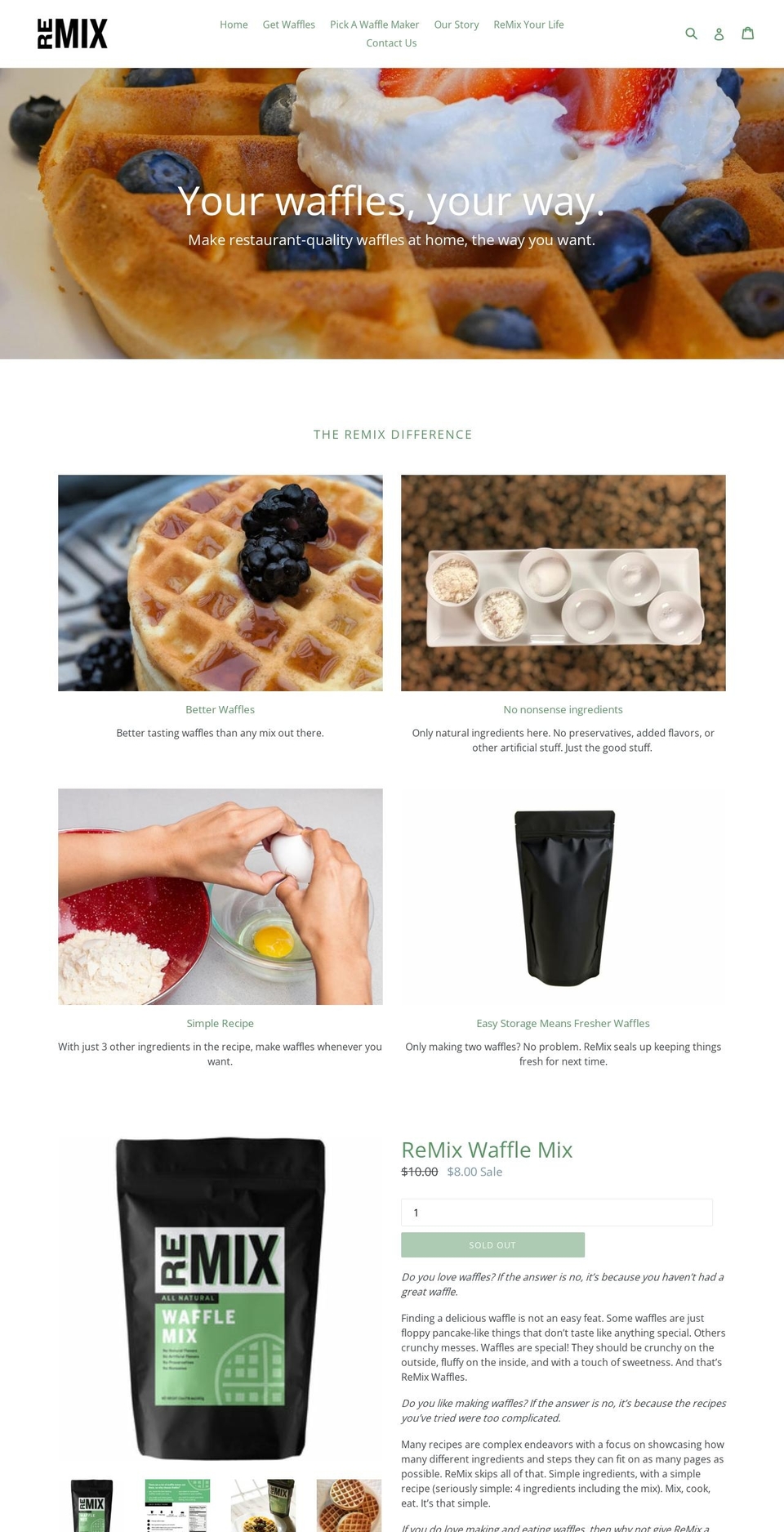 remixwaffles.com shopify website screenshot