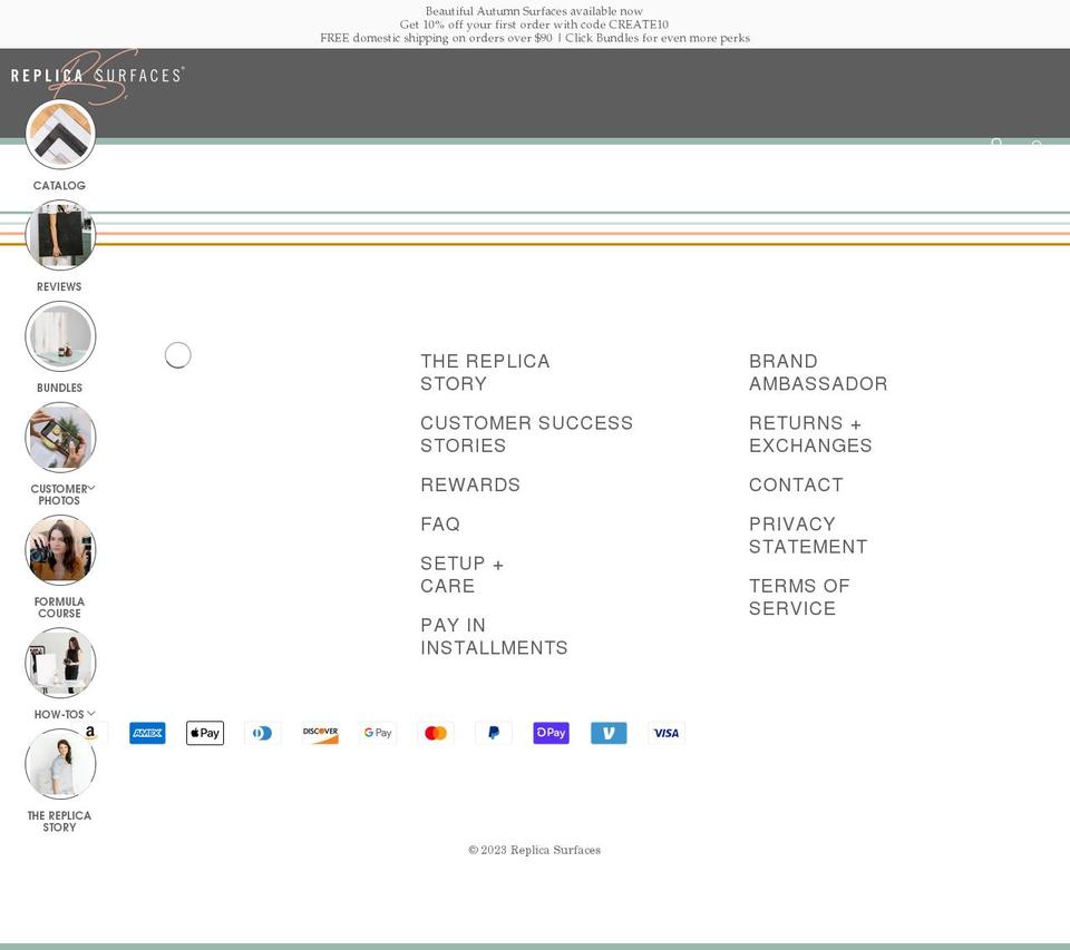 replicasurfaces.com shopify website screenshot