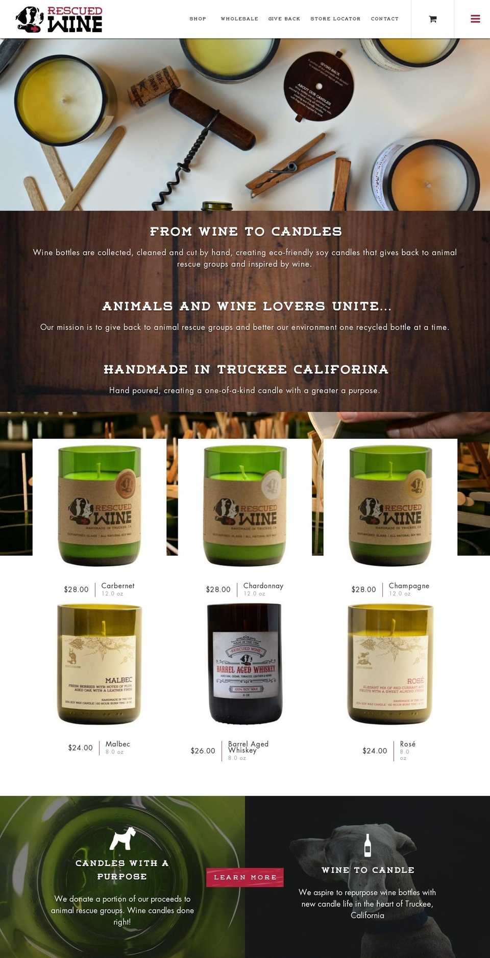rescuedwinecandles.com shopify website screenshot