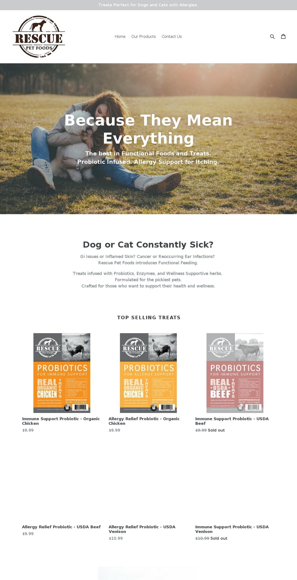 rescuepetfoods.com shopify website screenshot