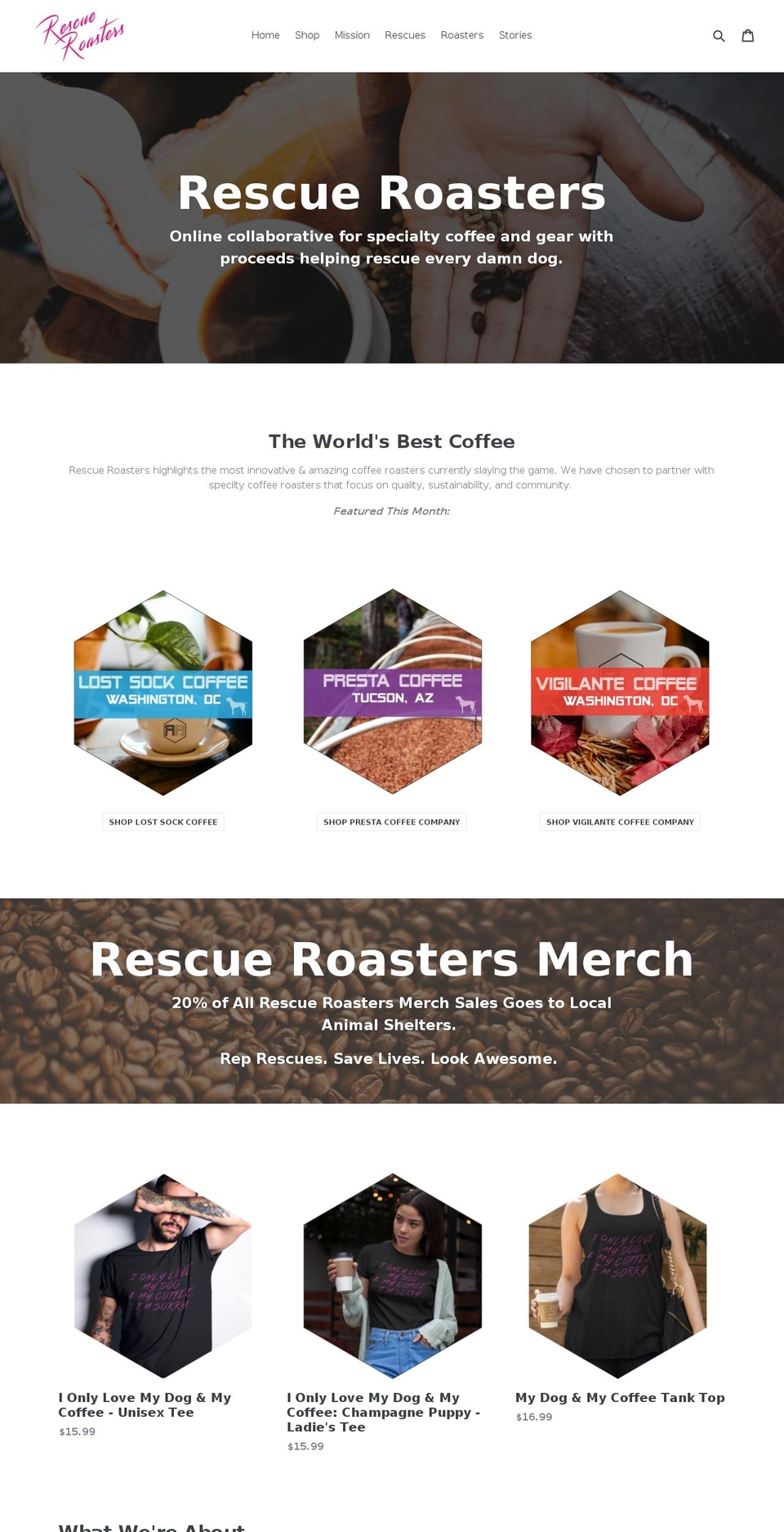 rescueroasters.org shopify website screenshot