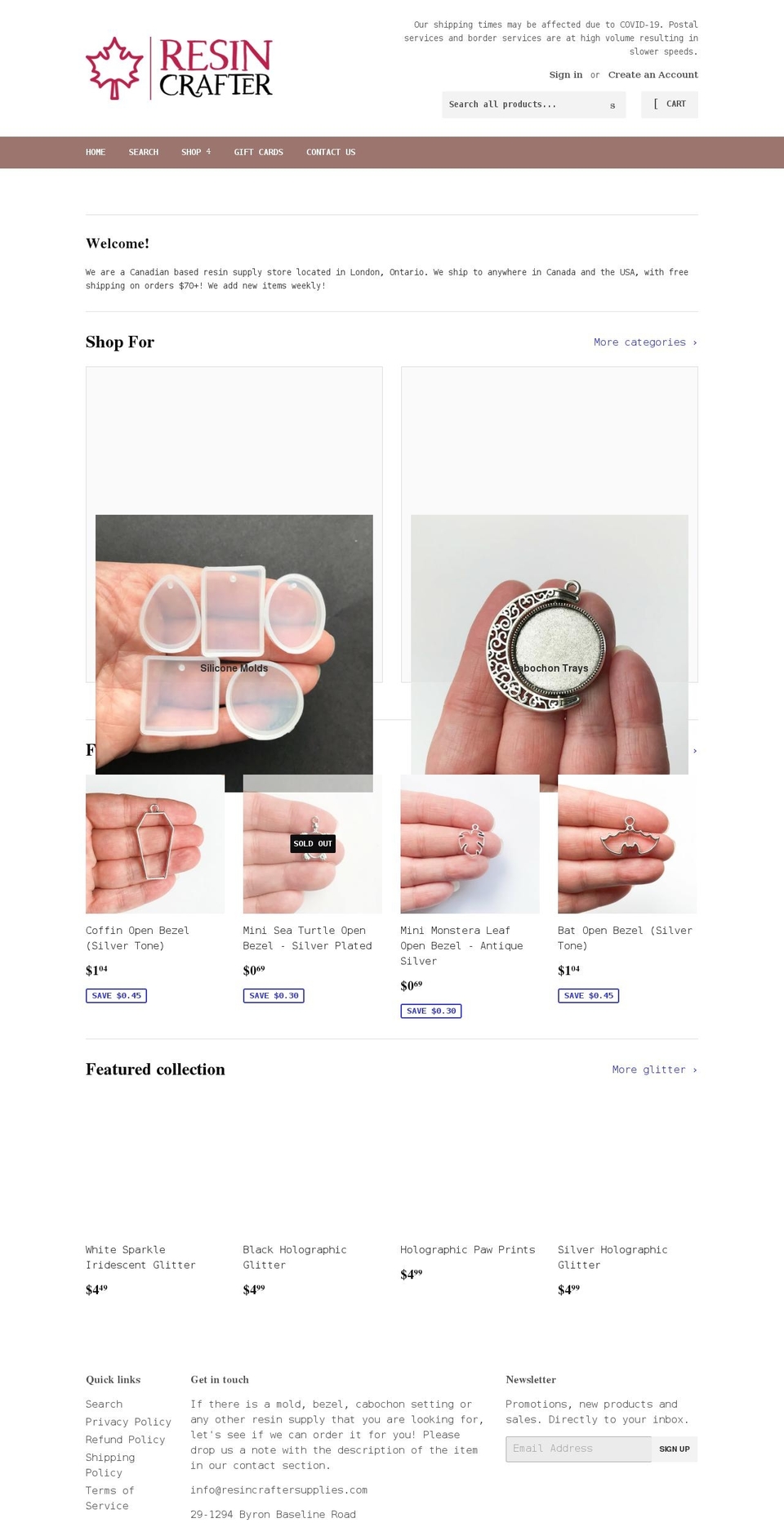 resincraftersupplies.com shopify website screenshot